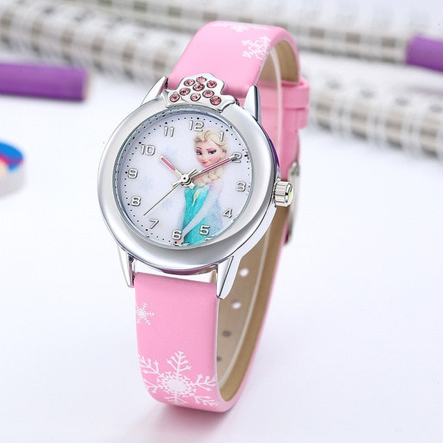 Elsa Princess Kids Watches Leather Strap Cute Children's Cartoon Wristwatches Gifts
