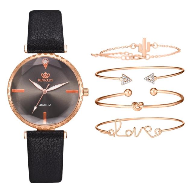 5pcs Set Top Style Fashion Women's Watch Luxury Leather Band Analog Quartz WristWatch Ladies Watch