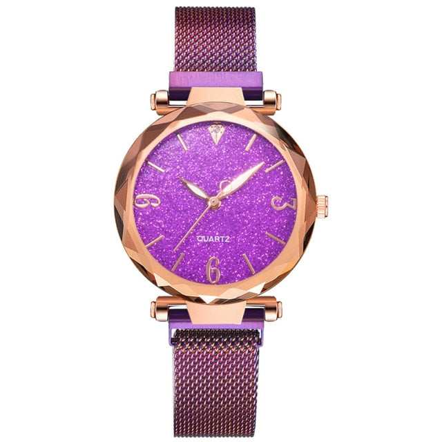 Rose Gold Luxury Magnetic Starry Sky Lady Wrist Watch Mesh Female Clock